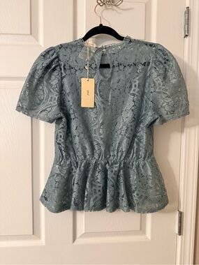 Dusty Blue Lace Peplum Blouse - Women's Short Sleeve
